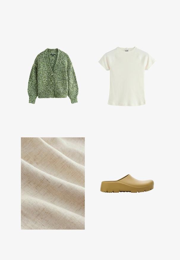 Cardigan verde lavorato a maglia con scollatura a V profonda, grandi bottoni e maniche a sbuffo. La texture è spessa e accogliente con un motivo di filato mescolato.; T-shirt bianco a righe con maniche corte e scollatura rotonda. Tessuto testurizzato con una vestibilità regolare. Etichetta logo sul retro del collo.; Tessuto beige chiaro caratterizzato da una trama sottile con linee appena percettibili, creando un aspetto morbido e tessuto. Si drappeggia in pieghe morbide.; Zoccolo di gomma giallo con superficie liscia, schienale aperto e suola spessa e testurizzata con scanalature orizzontali. Progettato per comfort e durata.