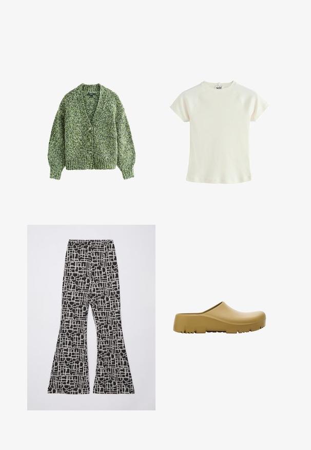 Roheline kudum, millel on sügav V-kaelus, suured nupud ja puhv-õlgadega varrukad. Tekstuur on paks ja mugav ning sellel on segatud lõngade muster.; Valge ribadega lühikeste varrukatega T-särk ümmarguse kaelusega ja raglani varrukatega. Tekstureeritud kangas, tavaline sobivus. Logo silt selja kaeluses.; Diane von Furstenberg BROOKLYN PANTS - Püksid - black; Kollane kummist suss sujuvate pindadega, avatud seljaga ja paksu, tekstureeritud tallaga, millel on horisontaalsed sooned. Kujundatud mugavuse ja vastupidavuse tagamiseks.