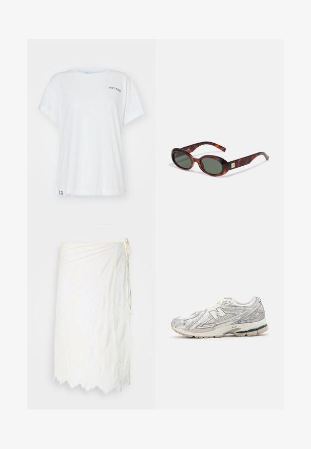 Zaļš adīts kardigans ar dziļu V-veida kakla izgriezumu, lielām pogām un pūkainām piedurknēm. Auduma struktūra ir bieza un ērta, ar sajauktu dzijas rakstu.; Baltas kokvilnas T-krekls ar sarullētām piedurknēm un apaļu kakla izgriezumu, ar mazu pelēku drukātu logo priekšpusē un numurisku detaļu apakšmalā.; Balts apģērbs ar ziedu mežģīnēm, viļņotu apakšmalu un sānu sasiešanas aizdari, izstādīts uz vienkrāsaina fona.; Skriešanas apaviem ir sudraba un baltas krāsas acu materiāls ar zaļu akcentu. Zole ir masīva un teksturēta, izstrādāta, lai nodrošinātu amortizāciju un atbalstu.; Bruņurupuča čaulas saulesbrilles ar tumšiem lēcām, ovāla forma un plašām kājām. Izceļas ar mazu zelta akcentu sānos. Gluda plastmasas materiāls.