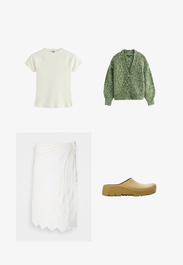 Grüne gestrickte Strickjacke mit tiefem V-Ausschnitt, großen Knöpfen und ballonförmigen Ärmeln. Die Textur ist dick und gemütlich mit einem gemusterten Garn.; Weißes geripptes T-Shirt mit kurzen Ärmeln, rundem Halsausschnitt und Raglanärmeln. Strukturiertes Material mit normaler Passform. Logosticker hinten am Hals.; Weißer Wickelrock mit floraler Spitze, gewelltem Saum und seitlichem Bindeband, auf einem schlichten Hintergrund präsentiert.; Gelber Gummischuh mit glatter Oberfläche, offenem Rücken und einer dicken, strukturierten Sohle mit horizontalen Rillen. Entwickelt für Komfort und Langlebigkeit.