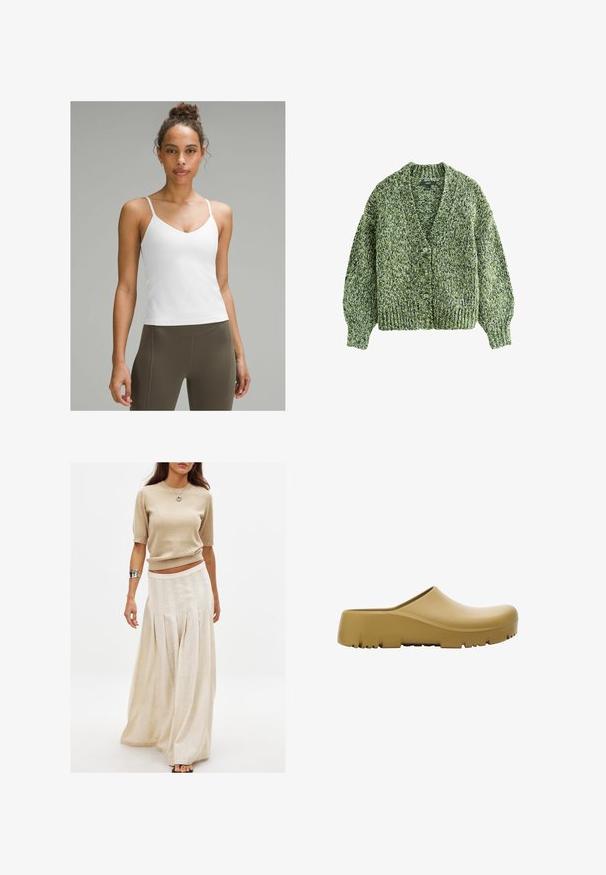 Grön stickad kofta med djup V-ringning, stora knappar och puffärmar. Texturen är tjock och mysig med ett blandat garnmönster.; Vit linne med tunna axelband, V-ringad design, slät textur, åtsittande silhuett, kombinerad med högmidjade olivgröna leggings.; Beige stickad kortärmad topp i kombination med en lång, flödande krämfärgad kjol med vertikala veck och en slät textur.; Gul gummiclogg med en slät yta, öppen baktill och en tjock, texturerad sula med horisontella spår. Utformad för komfort och hållbarhet.