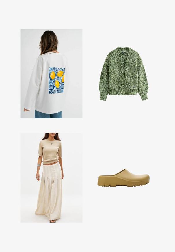 Groene gebreide cardigan met een diepe V-hals, grote knopen en poffende mouwen. De textuur is dik en comfortabel met een gemengd garenpatroon.; Witte oversized sweatshirt met lange mouwen, voorzien van een blauw-wit patroon met een afbeelding van vier gele citroenen op de achterkant.; Beige gebreid top met korte mouwen in combinatie met een lange, vloeiende crèmekleurige rok met verticale plooien en een gladde textuur.; Geel rubberen klompen met een glad oppervlak, open achterkant en een dikke, gestructureerde zool met horizontale groeven. Ontworpen voor comfort en duurzaamheid.