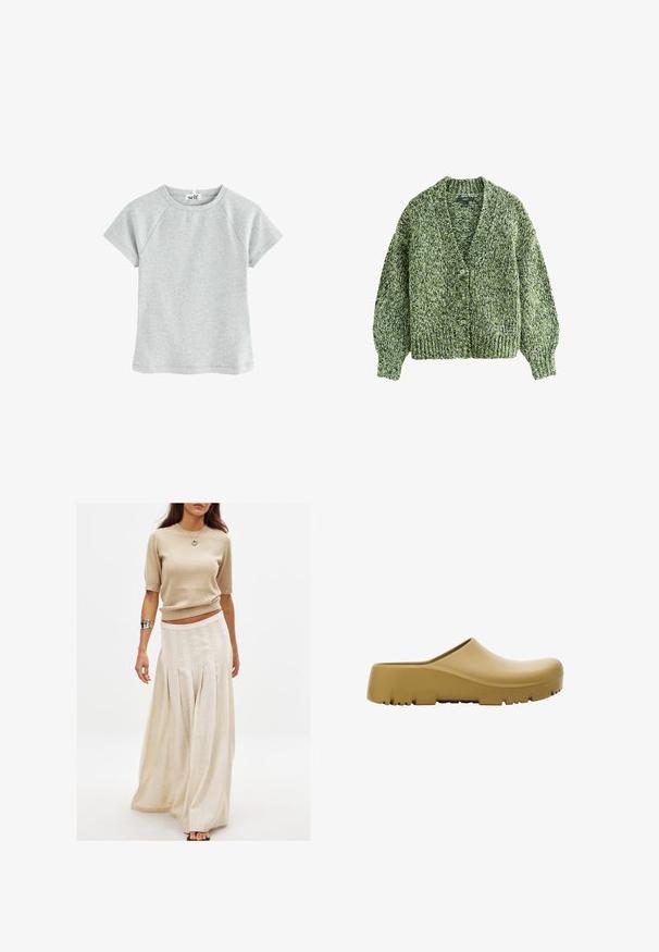 Zeleni pleteni kardigan z globokim V-izrezom, velikimi gumbi in napihnjenimi rokavi. Tekstura je gosta in udobna z mešanim vzorcem preje.; Svetlо sivo kratkо rukаvno majica z ovalnim izrezom, narejenа iz teksturiranega blaga, s raglan rokavi in ravnim robom.; Bež pletena majica s kratkimi rokavi, v kombinaciji z dolgo, rahlo krilo v smetani barvi, ki ima vertikalne gubice in gladko teksturo.; Rumena gumijasta sandal s gladko površino, odprtim zadnjim delom in debelim, teksturiranim podplatom, ki ima vodoravne utore. Zasnovan za udobje in vzdržljivost.