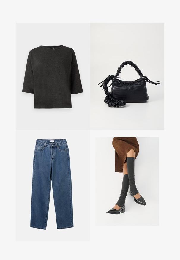 Tirkizni pleteni kardigan s okruglim izrezom na vratu, rebrastim manšetama i prevelikim rukavima. Ima šest velikih smeđih gumba na prednjoj strani.; Tamno sivi, kratkoslavljeni gornji dio od mekog materijala. Ima okrugli izrez i jednostavan, kutijasti oblik bez ukrasa ili uzoraka.; Klasične plave traperice s ravnim nogavicama, pet džepova i dugmadom za zatvaranje. Imaju srednje pranje i čvrstu teksturu.; Crne lakirane cipele s šiljastim prstima, blok-petom i remenom oko gležnja, uparene s sivim rebrastim čarapama do koljena i smešnom suknjom od antilopa.; Crna torba od umjetne kože s teksturom krokodila, s cinčanim vrhom i naboranom trakom. Izgleda mekano i kompaktno u dizajnu.