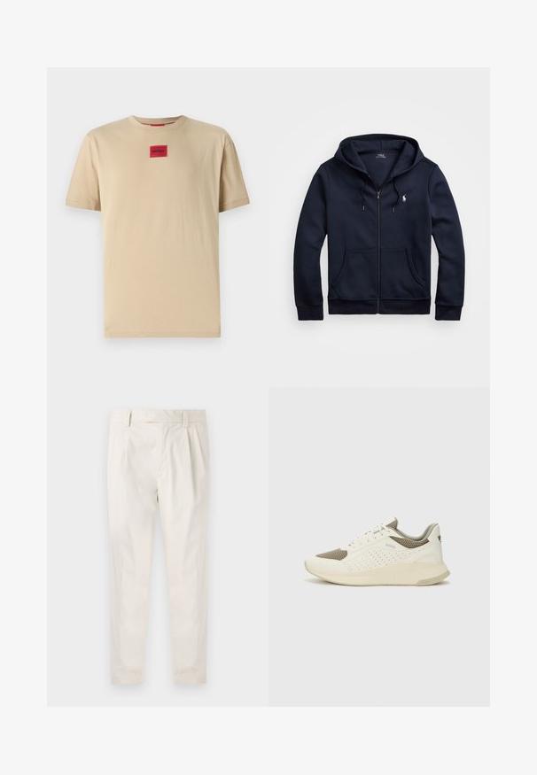 Tumesinine lukuga kapuutsiga sviiter, mis on valmistatud pehmest kangast, millel on reguleeritav kapuuts, ees taskud ja väike logo vasakul rinnal.; Beež puuvillane T-särk, millel on lõdvestatud istuvus, väikese punase "HUGO" logo sildiga keskel ja klassikaline ümar kaelus.; Valged volditud püksid, mis on kohandatud sobivusega, sujuva tekstuuriga, vööloopidega ja kitsenevate jalgadega. Pole nähtavaid taskuid ega mustreid.; Valge ja heledat beeži värvi spordijalats, millel on õhuke võrkmaterjal, perforatsioonidega detailid ning tekstuuriga vahetald, millel on brändi logo kannaosas.