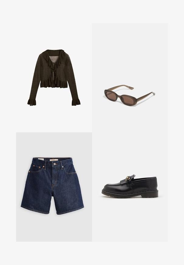 Cardigan long à manches longues couleur brun foncé avec un devant froncé, une fermeture à nouer et des poignets évasés. Fabriqué en tissu léger et texturé.; Deux bralettes en coton : l'une en beige clair et l'autre en noir, dotées de fines bretelles et d'un décolleté en V. Étiquettes visibles à l'intérieur.; Shorts en denim de couleur bleu foncé, dotés d'un design à cinq poches, d'une fermeture à bouton et de détails de coutures visibles en orange contrasté.; Mocassins en cuir noir avec un bout arrondi, des franges décoratives et des accents en métal doré. Semelle en caoutchouc épaisse pour une meilleure adhérence et durabilité.; Lunettes de soleil ovales marron avec des verres foncés. La monture est en matériau transparent marron et comporte un logo imprimé sur les branches.; Sac à main en cuir matelassé noir avec une bandoulière en chaîne dorée et un fermoir à bascule avec un accent circulaire. Forme rectangulaire compacte.