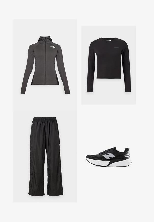Black athletic jacket with full zip, hood, and a textured design. Features side zip pockets and contrasting black panels on the sides.; Black long-sleeve crop top made of stretch fabric, featuring a round neckline and a small logo printed on the chest.; Black lightweight nylon track pants with elastic waistband and loose straight-leg fit, displayed against a plain white background.; Black and white New Balance running shoe with thick sole, mesh upper, and "N" logo on the side, viewed from the outer side.