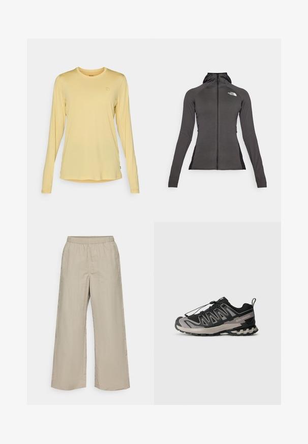 Black athletic jacket with full zip, hood, and a textured design. Features side zip pockets and contrasting black panels on the sides.; Long-sleeve shirt in light yellow, made of soft fabric. Features a rounded neckline and subtle logo detail on the chest. Smooth texture.; Wide-leg trousers in light beige fabric with an elastic waistband, smooth texture, and no visible hardware or patterns.; Black and gray athletic shoe with mesh upper, rubber sole, and elastic lace system. Features a reinforced toe and textured accents.