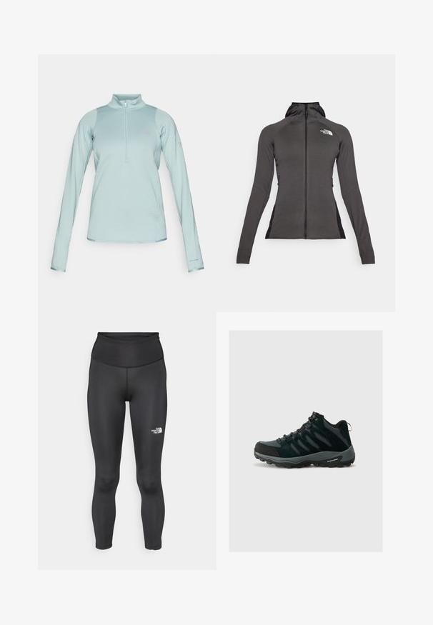 Jachetă sport neagră cu fermoar complet, glugă și un design texturat. Prezintă buzunare laterale cu fermoar și panouri negre în contrast pe laterale.; Pulover lung cu mânecă lungă de culoare albastru deschis, cu fermoar pe jumătate în față, dintr-un material texturat, cu accente netede și logo-ul "Columbia" pe piept și pe mânecă.; Leggings negri cu talie înaltă, realizate dintr-un material neted și elastic. Prezintă un logo pe partea inferioară a piciorului și au o lungime ajustată până la gleznă.; Columbia REDMOND - Pantofi drumeție - black/citron haze