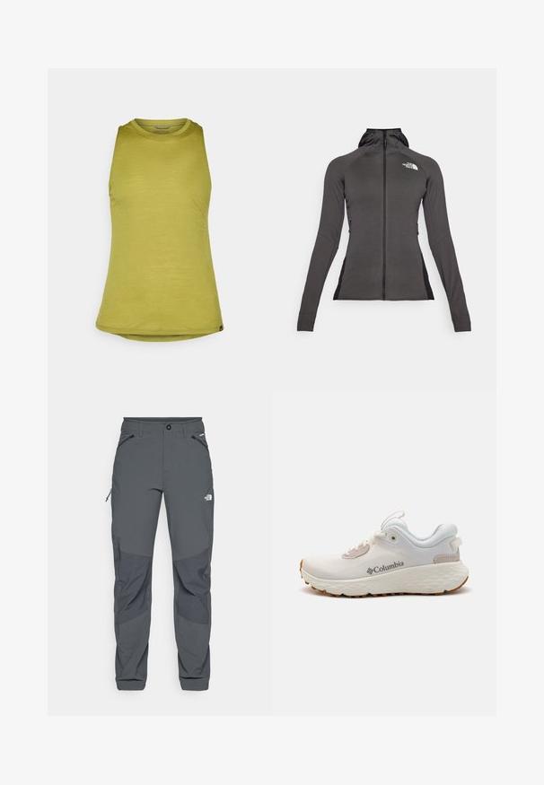 Mustan värvi sportlik jakk täispika tõmblukuga, kapuutsiga ja tekstuurse disainiga. Omab külgtõmblukuga taskuid ja kontrastseid musti paneele külgedel.; Olive roheline ilma varrukatop, millel on ümar kaelus, valmistatud siledast kangast, mis on veidi vabalt istuv ja millel on kumer alus.; Tumed hallid välistingimustes püksid, millel on tugevdused põlvedel, lukuga külje- ja eesTaskud, nupuga sulgur ning The North Face logo reie peal.; Kerged Columbia spordijalanõud valgest võrgust, millel on tekstureeritud hall tall ja kummist haardepind. Omaduseks on polsterdatud krae ja nööridega kinnitussüsteem.