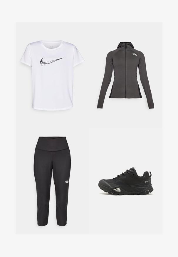 Svart treningsjakke med full glidelås, hette og en teksturert design. Har sidelommer med glidelås og kontrasterende svarte paneler på sidene.; Nike Performance ONE TOP - T-skjorte til trening - white/black; Sorte capri leggings laget av elastisk stoff, med høy midje og en liten hvit logo på venstre side. Glatt tekstur.; Svart tursko med teksturert overdel, snøring og en kraftig gummisåle som har et fremtredende logo på siden og mønster i sålen.