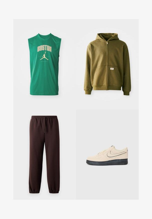 Olivovo zelená mikina na zips s jemnou textúrou, prednými vreckami a rebrovanými manžetami. Obsahuje logo nášivku na dolnej oblasti vrecka.; Zelená bezrukávová športová košeľa s nápisom "BOSTON" v zlatej farbe a logom siluety basketbalu. Hladká tkanina s voľnejším strihom.; Hnedé jogger nohavice s pásom na šnúrku, elastickými manžetami a hladkým bavlneným materiálom. Vyznačujú sa uvoľneným strihom a minimalistickým dizajnom.; Bežové semišové tenisky Nike Air Force 1 s čiernou gumovou podrážkou, prešívanými detailmi, perforovanou špičkou a výrazným logo swoosh.
