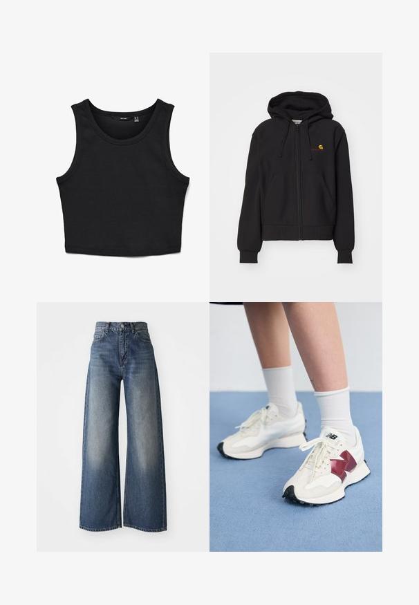 Melnā hoodie ar rāvējslēdzēju, izgatavota no kokvilnas maisījuma, ar kangaroo kabatu, ribotiem piedurkņu galiem un mazu izšūtu logo uz krūtīm.; Melnā īsā topa virsu, izgatavota no ribota auduma. Tam ir plaši plecu siksniņas un apaļš kakla izgriezums, ar šauru piegriezumu visā garumā.; Zilas augstiem vidukļa džinsi ar platām kājām, priekšējais pogu aizdare un kabatas, izbalējusi tekstūra uz augšstilbiem un taisna apakšmala.; Balti sporta apavi ar tumši sarkaniem akcentiem, teksturētām detaļām, plakanu melnu zoli un gaišajām šņorēm, valkāti ar baltām potīšu zeķēm.