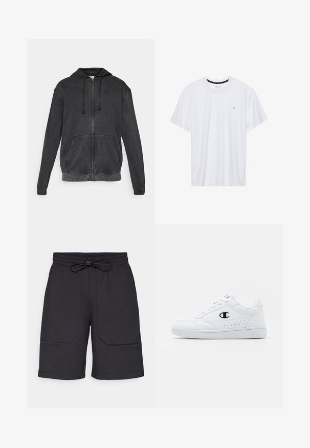 Schwarze Zip-Hoodie mit Kapuze, zwei Fronttaschen, Kordelzug-Verschlüssen und einem dezenten Logo auf der Brust; aus weichem Stoff mit strukturierter Oberfläche.; Weißes Crewneck-T-Shirt aus Baumwolle, mit kurzen Ärmeln und einem kleinen, auf der linken Brustseite gestickten Logo. Weiche Textur.; Schwarze Sportshorts mit einem elastischen Bund, Kordelzug und zwei Vordertaschen, die eine strukturierte Oberfläche und einen geraden Schnitt aufweisen.; Weißes sportliches Sneakerpaar mit glattem, synthetischen Obermaterial, schwarzem Logo-Akzent und perforierten Details an der Seite. Gummisohle.
