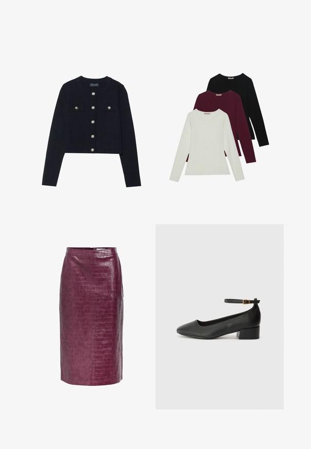 Navy-blaues, kurz geschnittenes Cardigan mit langen Ärmeln, rundem Halsausschnitt, vier Taschen und silbernen Knopfverschluss vorne. Weiche, gestrickte Textur.; Langarm-T-Shirts in Weiß, Bordeaux und Schwarz. Hergestellt aus weichem Stoff mit Rundhalsausschnitt und figurgerechtem Design. Eignen sich gut zum Schichten.; Burgunderfarbene Kunstleder-Bleistiftrock mit Alligatorstruktur, ausgestattet mit einem Reißverschluss hinten und seitlichen Schlitzen für Bewegungsfreiheit.; Schwarze Lederpumps mit spitzem Zehenbereich und niedrigem Blockabsatz. Mit einem Knöchelriemen und einer goldfarbenen Schnalle. Glatte Textur.