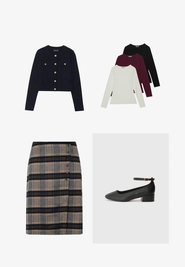 Navy-blaues, kurz geschnittenes Cardigan mit langen Ärmeln, rundem Halsausschnitt, vier Taschen und silbernen Knopfverschluss vorne. Weiche, gestrickte Textur.; Langarm-T-Shirts in Weiß, Bordeaux und Schwarz. Hergestellt aus weichem Stoff mit Rundhalsausschnitt und figurgerechtem Design. Eignen sich gut zum Schichten.; Wollkarosrock in Grau, Schwarz und Beige mit seitlichem Knopfverschluss und leichtem Wickeldesign. Strukturierten Stoff mit klassischem Muster.; Schwarze Lederpumps mit spitzem Zehenbereich und niedrigem Blockabsatz. Mit einem Knöchelriemen und einer goldfarbenen Schnalle. Glatte Textur.