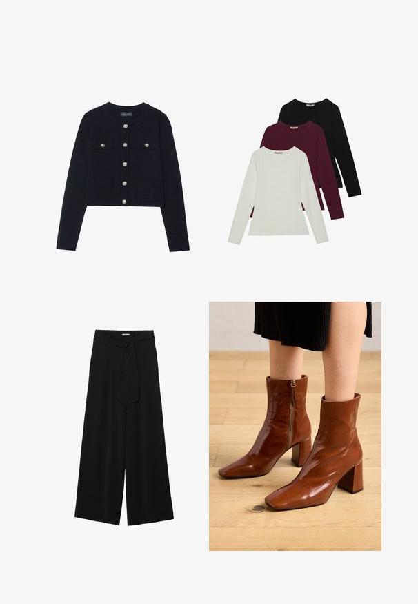 Cardigã curto azul-marinho com mangas longas, decote redondo, quatro bolsos e fechos de botão prateados na frente. Textura de malha suave.; T-shirts de manga longa nas cores branca, burgundy e preta. Feitos de um tecido suave com decote redondo e design ajustado. Adequados para sobreposições.; Calças largas pretas com um tecido texturizado, uma cintura elástica e um laço destacável na cintura para um ajuste ajustável.; Botas de tornozelo de couro castanho com acabamento brilhante, bico quadrado, salto bloco e detalhe de fecho lateral, colocadas sobre um chão de madeira clara.