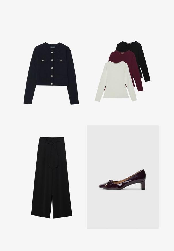 Námornícky skrátený cardigan s dlhými rukávmi, okrúhlym výstrihom, štyrmi vreckami a striebornými gombíkovými zapínaniami vpredu. Mäkká pletená textúra.; Dlhé rukávy tričká v bielej, burgundskej a čiernej farbe. Vyrobené z jemného materiálu s okrúhlym výstrihom a priliehavým strihom. Vhodné na vrstvenie.; Čierne široké nohavice s textúrovanou tkaninou, elastickým pásom a odnímateľným viazaním na páse pre nastaviteľné priliehanie.; Lesklé vínové lakované topánky s pumpovou pätou a špicatou špičkou, zdobené mašľou a blokovou pätou.