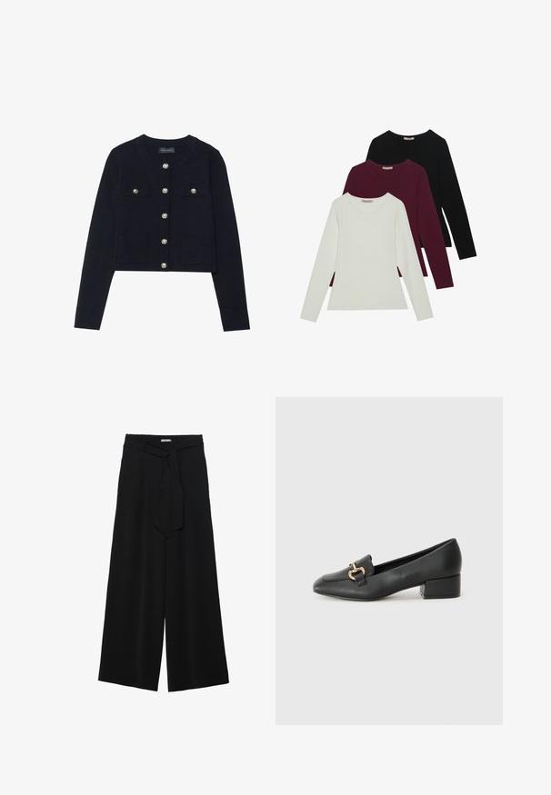 Marineblå kort cardigan med lange ermer, rund hals, fire lommer og sølvfargede knapper foran. Myk strikket tekstur.; Langermede t-skjorter i hvit, burgunder og svart. Laget av myk stoff med rund hals og tettsittende design. Egnet for lag-på-lag-styling.; Svart vide bukser med teksturert stoff, elastisk midje og avtagbart belte som gir justerbar passform.; Sorte skinnloafers med flat hæl, med dekorativ detalj i gull foran og en jevn tekstur.