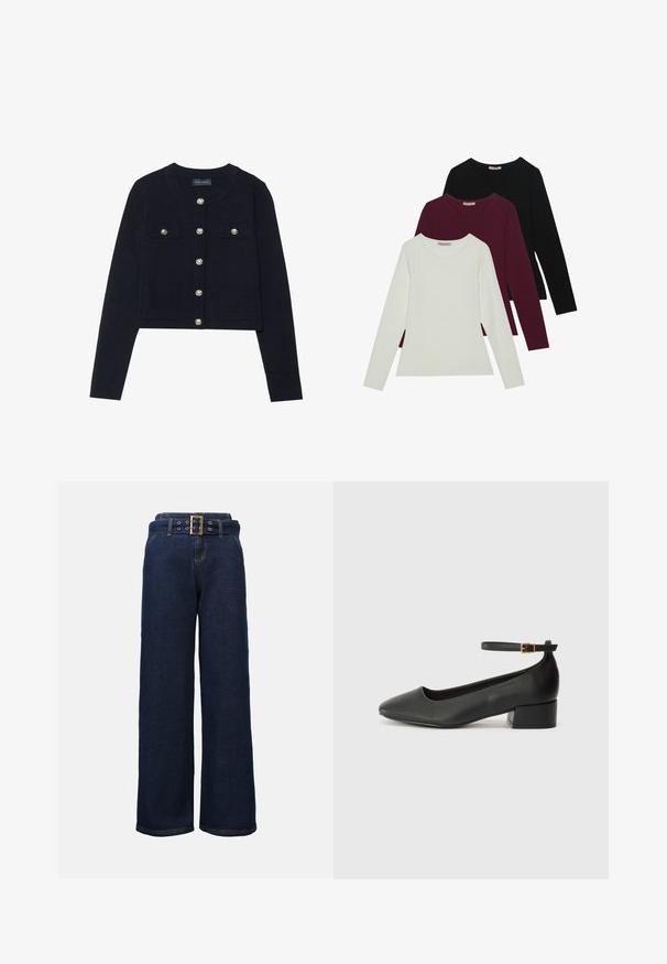Námořnický zkrácený kardigan s dlouhými rukávy, kulatým výstřihem, čtyřmi kapsami a stříbrnými knoflíky po celé délce. Měkká pletená textura.; Dlouhé rukávy trička v bílé, burgundské a černé barvě. Vyrobeno z měkké tkaniny s kulatým výstřihem a přiléhavým střihem. Vhodné na vrstvení.; Tyrkysové široké džínové kalhoty s prošitými kapsami a odpovídajícím páskem se širokou obdélníkovou zlatou sponou.; Černé kožené lodičky s špičatou špičkou a nízkým blokovým podpatkem. Obsahují pásek kolem kotníku se zlatou sponou. Hladký povrch.
