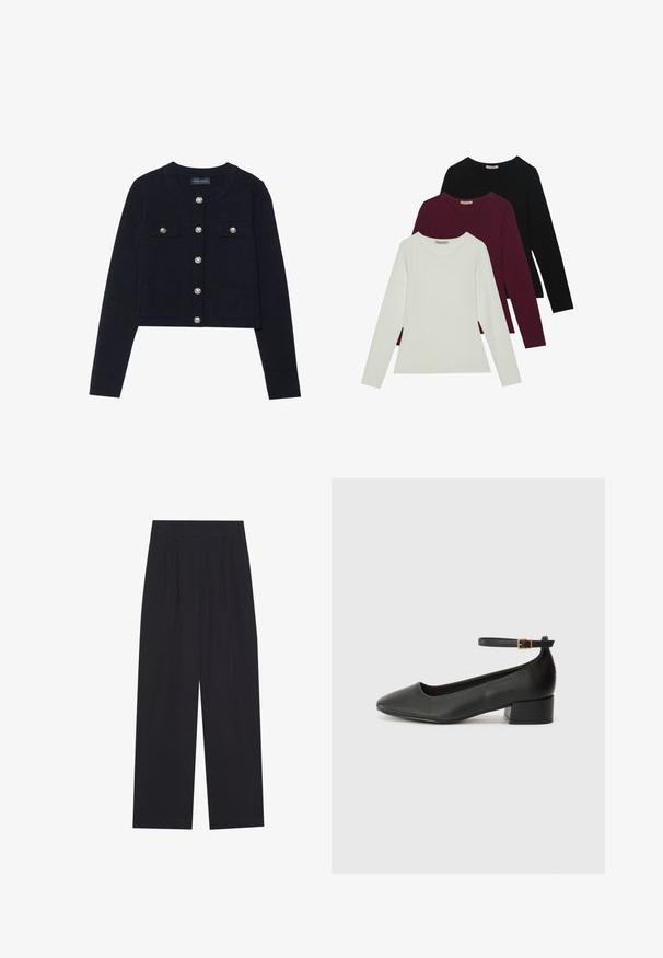 Námořnický zkrácený kardigan s dlouhými rukávy, kulatým výstřihem, čtyřmi kapsami a stříbrnými knoflíky po celé délce. Měkká pletená textura.; Dlouhé rukávy trička v bílé, burgundské a černé barvě. Vyrobeno z měkké tkaniny s kulatým výstřihem a přiléhavým střihem. Vhodné na vrstvení.; Černé kalhoty širokého střihu vyrobené z hladké látky, s plisováním, plochým pasem a bez viditelných kapes nebo ozdob.; Černé kožené lodičky s špičatou špičkou a nízkým blokovým podpatkem. Obsahují pásek kolem kotníku se zlatou sponou. Hladký povrch.