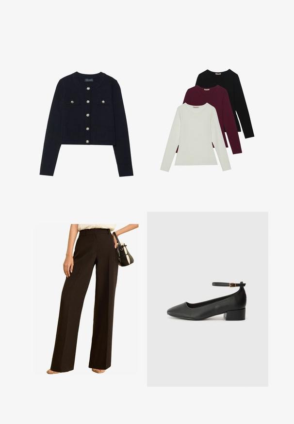 Tengerészkék, rövid fazonú kardigán hosszú ujjakkal, kerek nyakkal, négy zsebbel és ezüst gombos záródással elöl. Puha kötött textúra.; Hosszú ujjú pólók fehér, burgundi és fekete színben. Puha anyagból készült, kerek nyakú és testhez simuló fazonú. Réteges öltözködéshez is alkalmas.; Széles szárú nadrág sötétbarna anyagból, magas derékkal, szabott dizájnnal és sima textúrával. Egy kis táskával párosítva.; Fekete bőr magassarkú cipő hegyes orral és alacsony tömb sarkal. Bokapánttal rendelkezik, aranyszínű csattal. Simább textúra.