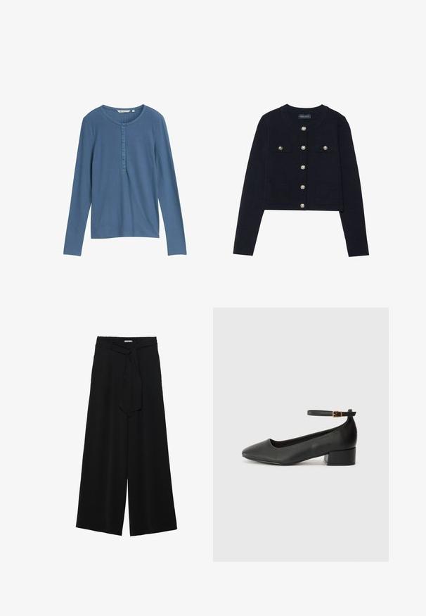 Tamsiai mėlynas trumpas kardiganas su ilgomis rankovėmis, apvaliu iškirpimu, keturiomis kišenėmis ir sidabro spalvos mygtukais priekyje. Minkšta megztinė tekstūra.; Ilgų rankovių mėlynas viršus iš dryžuoto audinio su apvaliu kaklu ir šešių mygtukų užsegimu priekyje. Lygus paviršius, prigludusi forma.; Juoda plačių kojų kelnės, pagamintos iš tekstūruoto audinio, su elastingu juosmeniu ir atsegamu diržu juosmenyje, leidžiančiu reguliuoti dydį.; Juodas odinis aukštakulnis batelis su smailiu pirštu ir žemu bloku. Su kulkšnies dirželiu su auksinės spalvos sagtimi. Lygus paviršius.