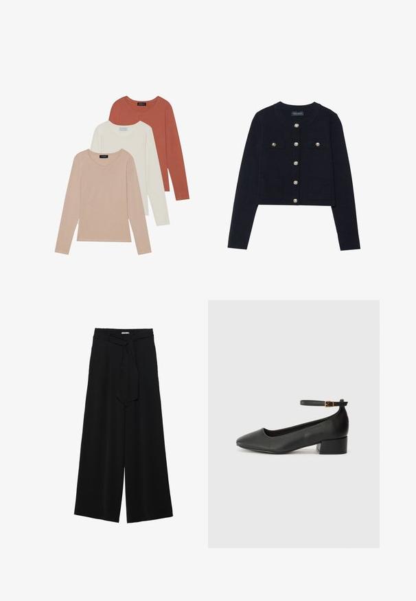 Marineblå kort cardigan med lange ermer, rund hals, fire lommer og sølvfargede knapper foran. Myk strikket tekstur.; Tre langermede t-skjorter vist, i fargene lys beige, hvit og rust. Laget av glatt stoff med rund hals.; Svart vide bukser med teksturert stoff, elastisk midje og avtagbart belte som gir justerbar passform.; Sorte skinnpumper med spiss tå og lav blokkhelt. Har ankelrem med gullfarget spenne. Glatt tekstur.