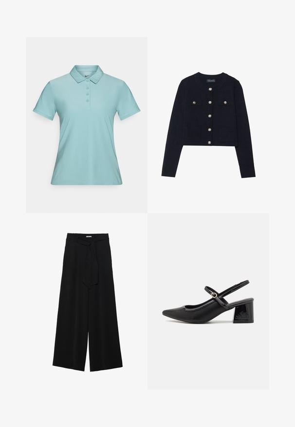 Marinblå kort cardigan med långa ärmar, rund halsringning, fyra fickor och silverknappar fram. Mjuk stickad textur.; Ljusblå polo skjorta med knappslå, korta ärmar och klassisk krage. Tillverkad av mjukt, lätt material. Nike-logotyp på kragen.; Svarta vida byxor med texturerad tyg, elastisk midja och en avtagbar käppknut i midjan för justerbar passform.; Svarta lackläder slingback-klackar med spetsig tå, en rundad utskärning och en blockklack. Utsmyckad med en spänne i guldton.