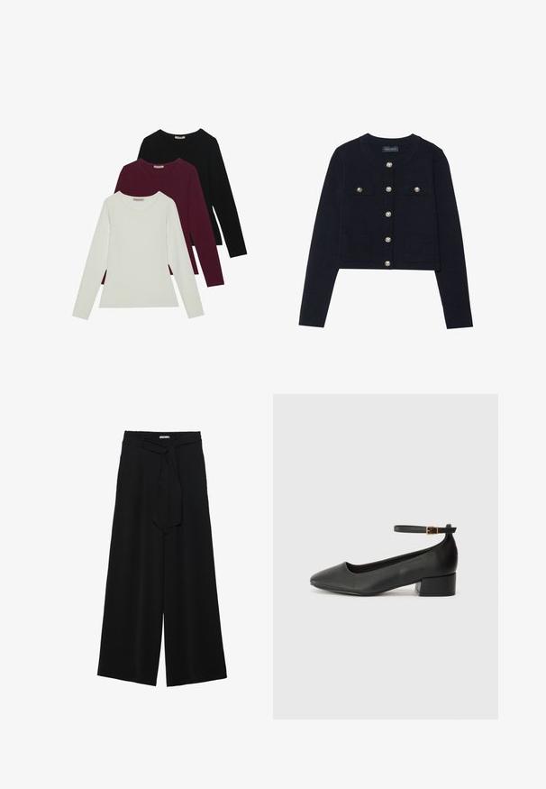 Marineblauwe cropped cardigan met lange mouwen, ronde halslijn, vier zakken en zilveren knopen als sluiting aan de voorkant. Zachte gebreide textuur.; Langsleeve t-shirts in het wit, bordeauxrood en zwart. Gemaakt van zachte stof met een ronde halslijn en een aansluitend ontwerp. Geschikt voor lagen.; Zwarte wijde broek van textuurstof, met een elastische tailleband en een afneembare sjaalstrik in de taille voor een verstelbare pasvorm.; Zwarte leren pump met een spitse neus en een lage blokhak. Beschikt over een enkelband met een goudkleurige gespsluiting. Gladde textuur.