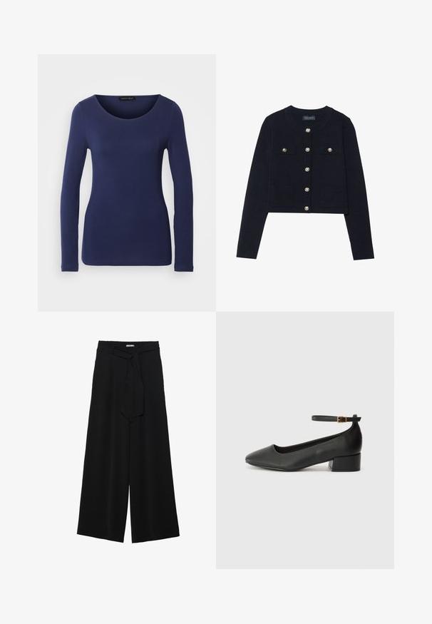 Cardigã curto azul-marinho com mangas longas, decote redondo, quatro bolsos e fechos de botão prateados na frente. Textura de malha suave.; Camisola de manga longa azul-marinho, feita de material suave, com decote redondo e design ajustado. Sem padrões ou acentos visíveis.; Calças largas pretas com um tecido texturizado, uma cintura elástica e um laço destacável na cintura para um ajuste ajustável.; Sandal de pele preta com bico pontiagudo e um salto bloco baixo. Apresenta uma tira no tornozelo com uma fivela em tom dourado. Textura suave.