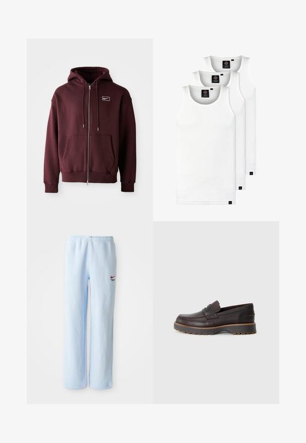 Bordová zipsová mikina vyrobená z bavlnenej zmesi, obsahujúca prednú kapsu, kapucňu so šnúrkami a malé biele logo na hrudi.; Tri biele rebrované tielka vyrobené z bavlny. Majú okrúhly výstrih a malé čierne štítky pri leme. Dostupné v rôznych veľkostiach.; Svetlomodré tepláky s elastickým pásom, s malým červeným logom Nike a textom "Atletické oddelenie". Mäkko bavlnený materiál.; Hnedé kožené mokasíny s nízkym profilom, s prešívanými detailmi, mierne zvýšenou gumovou podrážkou a hladkým povrchom.