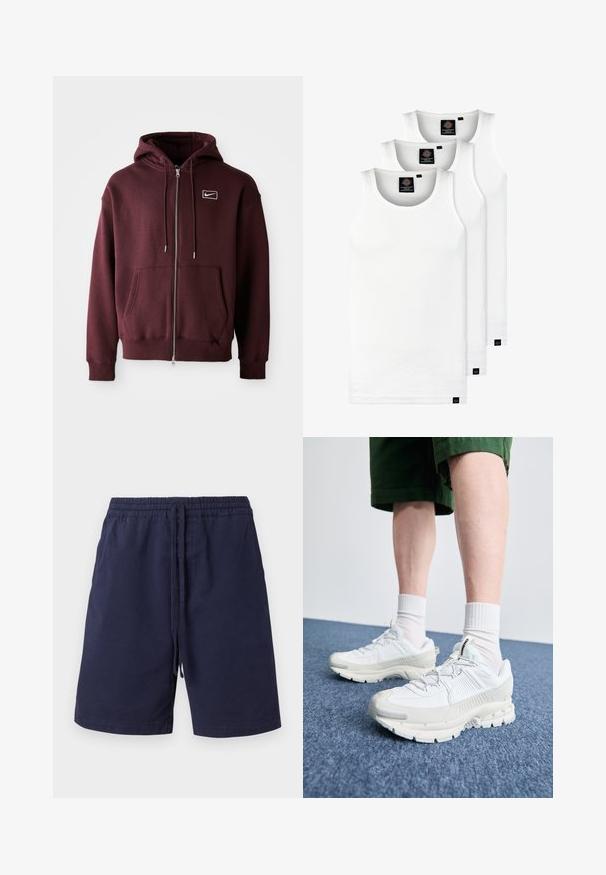 Sudadera con cremallera de color burdeos, hecha de una mezcla de algodón, que cuenta con un bolsillo frontal, capucha con cordón y un pequeño logo blanco en el pecho.; Tres camisetas sin mangas de algodón de color blanco con canalé. Cuentan con cuello redondo y pequeñas etiquetas negras cerca del dobladillo. Disponibles en múltiples tamaños.; Shorts de color azul marino fabricados en algodón, con una cinturilla elástica con cordón, bolsillos laterales y un diseño de pierna recta. Sin patrones.; Zapatillas deportivas blancas con superposiciones texturizadas, una suela gruesa y acentos grises. Llevadas con calcetines blancos hasta la pantorrilla y pantalones cortos verdes sobre una superficie azul.