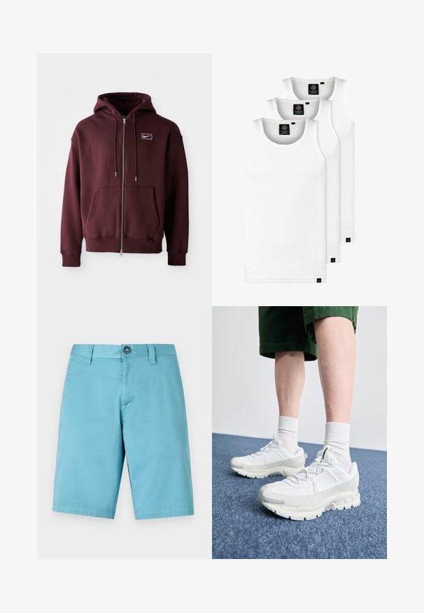 Maroon zip-up hoodie made of cotton blend, featuring a front pocket, drawstring hood, and a small white logo on the chest.; Three white ribbed tank tops made of cotton. Features a crew neck and small black labels near the hem. Available in multiple sizes.; Light blue shorts made of a smooth fabric. Features a button closure and belt loops, with a straight cut that extends to the knee.; White athletic shoes with textured overlays, a chunky sole, and gray accents. Worn with white crew socks and green shorts on a blue surface.