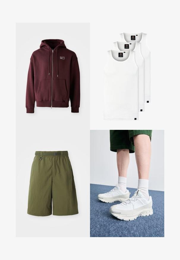 Bordo krāsas kapučino džemperis ar rāvējslēdzēju, izgatavots no kokvilnas maisījuma, ar priekšējo kabatu, regulējamu kapuci un mazu balto logotipu uz krūšu daļas.; Trīs baltas ribotas krūšturi, kas izgatavoti no kokvilnas. Iezīmēti ar apaļu kakla izgriezumu un maziem melniem etiķetēm tuvu apakšmalai. Pieejami vairākos izmēros.; Zaļi neilona šorti ar elastīgu jostasvietu un regulējamu jostu. Iezīmē drošu metāla D-gredzenu un gludu tekstūru.; Baltas sporta apavi ar teksturētām detaļām, masīvu zoli un pelēkiem akcentiem. Valkāti ar baltiem zeķu pēdu apģērbiem un zaļām šortiem uz zilas virsmas.