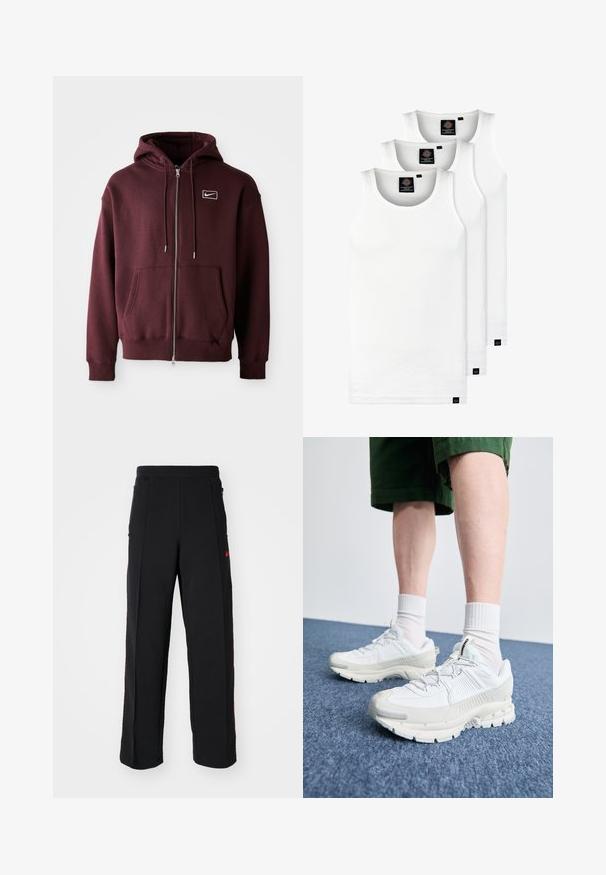 Hoodie fechado em maroon, feito de uma mistura de algodão, com um bolso frontal, capuz com cordão e um pequeno logo branco no peito.; Três tops em algodão de alças brancas com nervuras. Apresentam um decote redondo e pequenas etiquetas pretas perto da bainha. Disponíveis em vários tamanhos.; Calças de treino pretas com um corte largo, apresentando detalhes em vermelho e bolsos laterais. O material parece suave com uma textura lisa.; Sapatos atléticos brancos com sobreposições texturizadas, sola espessa e detalhes em cinza. Usados com meias brancas até ao tornozelo e calções verdes sobre uma superfície azul.