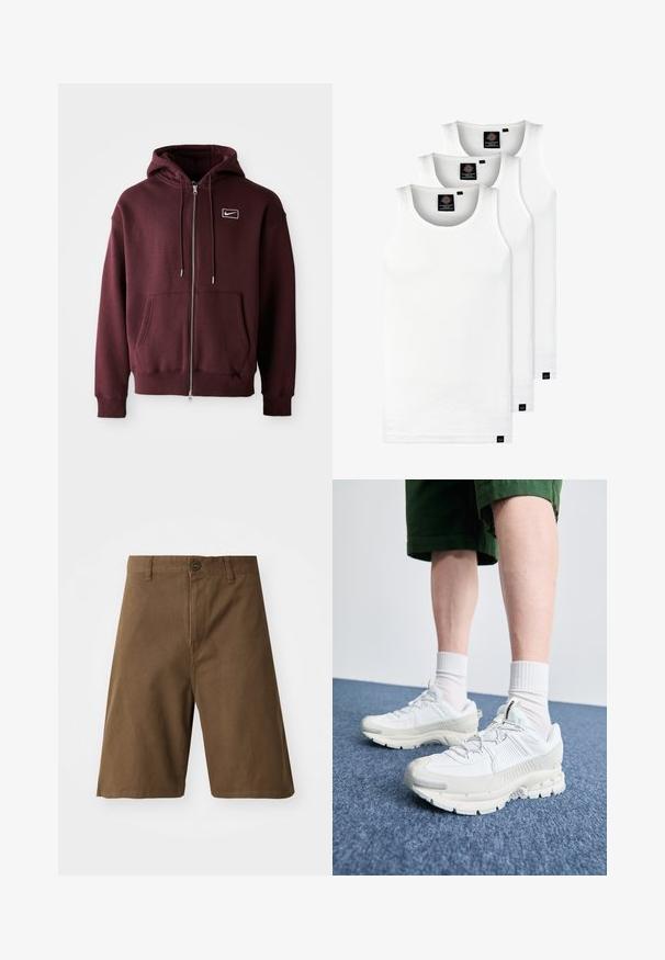 Hoodie zippé bordeaux en mélange de coton, avec une poche avant, un capuchon à cordon de serrage et un petit logo blanc sur la poitrine.; Trois débardeurs blancs côtelés en coton. Présentent un col rond et de petites étiquettes noires près de l'ourlet. Disponibles en plusieurs tailles.; Shorts en coton marron avec une coupe droite, dotés d'une fermeture à bouton sur le devant, de passants de ceinture et de poches latérales. Texture lisse et coutures soignées.; Des chaussures de sport blanches avec des superpositions texturées, une semelle épaisse et des accents gris. Portées avec des chaussettes blanches et des shorts verts sur une surface bleue.