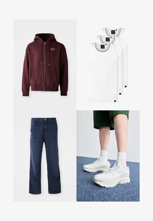 Maroon zip-up hoodie made of cotton blend, featuring a front pocket, drawstring hood, and a small white logo on the chest.; Three white ribbed tank tops made of cotton. Features a crew neck and small black labels near the hem. Available in multiple sizes.; Navy blue cargo pants made from denim, featuring a straight-leg design, front pockets, and gold-tone button accents.; White athletic shoes with textured overlays, a chunky sole, and gray accents. Worn with white crew socks and green shorts on a blue surface.