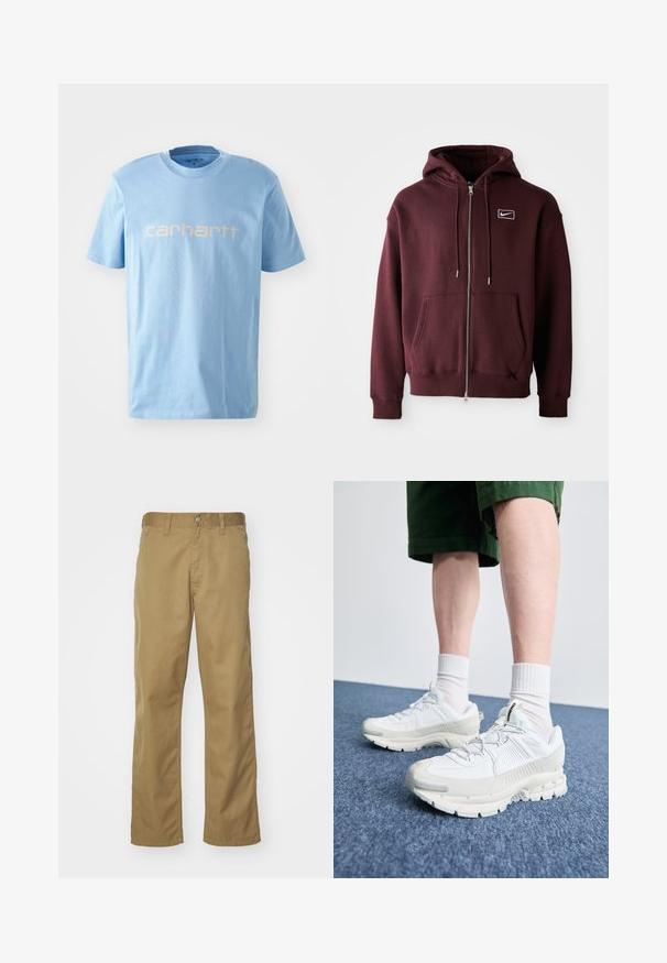 Maroon zip-up hoodie made of cotton blend, featuring a front pocket, drawstring hood, and a small white logo on the chest.; Light blue cotton t-shirt featuring a crew neck and short sleeves. Displays the "carhartt" logo in white across the chest.; Khaki chinos with a straight leg design, made of smooth cotton fabric. Features a front button closure and side pockets.; White athletic shoes with textured overlays, a chunky sole, and gray accents. Worn with white crew socks and green shorts on a blue surface.