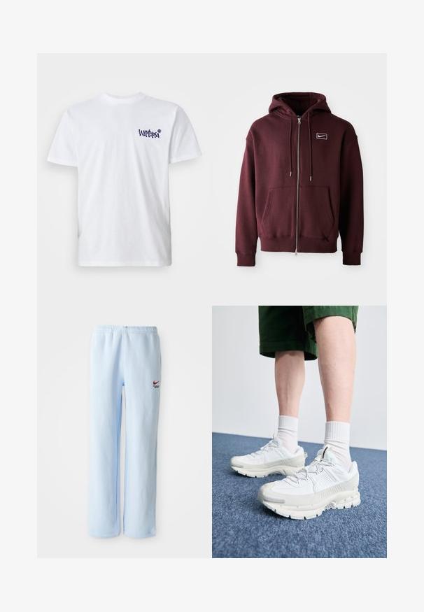 Hanorac cu fermoar de culoare vișinie, fabricat dintr-un amestec de bumbac, având un buzunar frontal, glugă cu șnur și un mic logo alb pe piept.; Tricou alb din bumbac, cu mâneci scurte, guler rotund și un mic logo albastru închis "Wiltopia" pe pieptul stâng. Textură netedă.; Pantaloni sportivi de culoare bleu deschis, cu talie elastică, având un mic logo roșu Nike și textul "Departamentul Sportiv". Material moale din bumbac.; Pantofi sport albi cu suprapuneri texturate, talpă masivă și accente gri. Purtați cu șosete albe până la glezne și pantaloni scurți verzi pe o suprafață albastră.