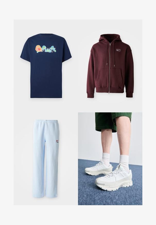 Hoodie zippé bordeaux en mélange de coton, avec une poche avant, un capuchon à cordon de serrage et un petit logo blanc sur la poitrine.; T-shirt à manches courtes bleu marine en coton. Présente un logo graphique multicolore "Carhartt" avec un effet lumineux au centre.; Pantalons de survêtement bleu clair avec une taille élastique, ornés d'un petit logo Nike rouge et du texte "Département Athlétique". Matériau en coton doux.; Des chaussures de sport blanches avec des superpositions texturées, une semelle épaisse et des accents gris. Portées avec des chaussettes blanches et des shorts verts sur une surface bleue.