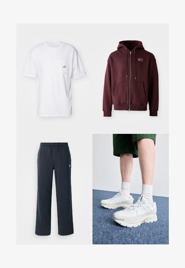 Hoodie fechado em maroon, feito de uma mistura de algodão, com um bolso frontal, capuz com cordão e um pequeno logo branco no peito.; T-shirt de algodão branco com mangas curtas, gola redonda e um bolso no lado esquerdo do peito com um pequeno emblema. Corte simples e descontraído.; Calças de treino azul-escuro com cintura elástica e cordão. Feitas de um tecido suave, apresentam um pequeno logotipo branco na cintura esquerda.; Sapatos atléticos brancos com sobreposições texturizadas, sola espessa e detalhes em cinza. Usados com meias brancas até ao tornozelo e calções verdes sobre uma superfície azul.