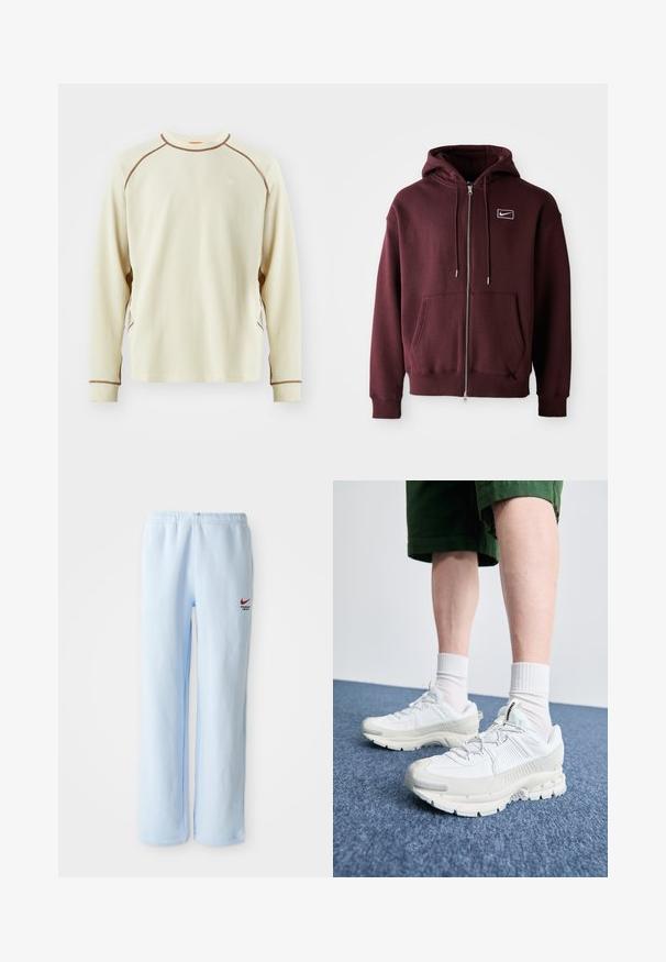 Bordo užtraukiama džemperis, pagamintas iš medvilnės mišinio, su priekinia kišene, reguliuojamu gobtuvu ir mažuoju baltu logotipu ant krūtinės.; Kreminės spalvos ilgomis rankovėmis marškiniai su tekstūruotu vafliniu raštu. Pabrėžia rudos spalvos akcentinius siūlus ir mažą baltą logotipą krūtinėje.; Šviesiai mėlynos sportinės kelnės su elastinga juosmeniu, su mažu raudonu Nike logotipu ir tekstu "Sporto departamentas". Minkšta medvilninė medžiaga.; Baltos sportinės bateliai su tekstūruotais uždengimais, masyviu padu ir pilkais akcentais. Dėvimi su baltais trumpais kojiniais ir žaliais šortais mėlyname paviršiuje.