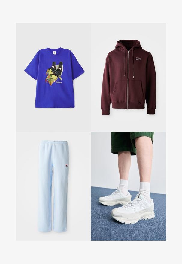 Bordová mikina na zip vyrobená z bavlněné směsi, s přední kapsou, stahovací kapucí a malým bílým logem na hrudi.; Modré bavlněné tričko s krátkým rukávem s grafikou dvou tukánů. Obsahuje text "ALL CONDITIONS GEAR" poblíž designu.; Světle modré teplákové kalhoty s elastickým pasem, s malým červeným logem Nike a textem "Sportovní oddělení". Měkký bavlněný materiál.; Bílé sportovní boty s texturovanými překryvy, masivní podrážkou a šedými akcenty. Na nohou mají bílé ponožky a zelené šortky na modrém povrchu.