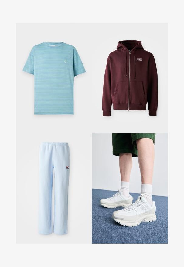 Maroon zip-up hoodie made of cotton blend, featuring a front pocket, drawstring hood, and a small white logo on the chest.; Light blue short-sleeve t-shirt with horizontal stripes and a small logo on the chest. Made of soft fabric with a relaxed fit.; Light blue sweatpants with an elastic waistband, featuring a small red Nike logo and "Athletic Department" text. Soft cotton material.; White athletic shoes with textured overlays, a chunky sole, and gray accents. Worn with white crew socks and green shorts on a blue surface.