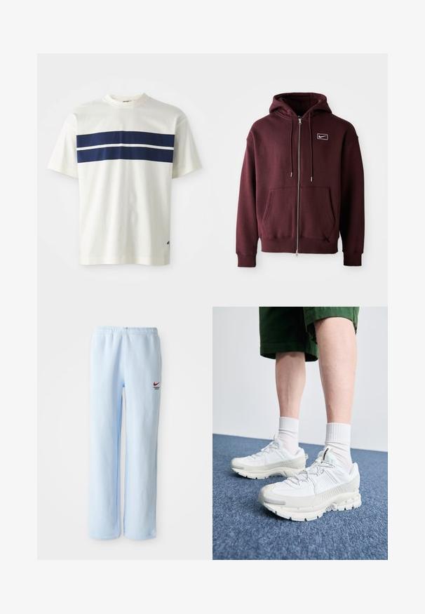 Hoodie fechado em maroon, feito de uma mistura de algodão, com um bolso frontal, capuz com cordão e um pequeno logo branco no peito.; T-shirt branca de algodão com um design de riscas horizontais azul-marinho e uma risca branca mais estreita por baixo, mangas curtas e decote redondo.; Sweatpants azul claro com cintura elástica, apresentando um pequeno logótipo vermelho da Nike e o texto "Departamento de Atletismo". Material de algodão suave.; Sapatos atléticos brancos com sobreposições texturizadas, sola espessa e detalhes em cinza. Usados com meias brancas até ao tornozelo e calções verdes sobre uma superfície azul.