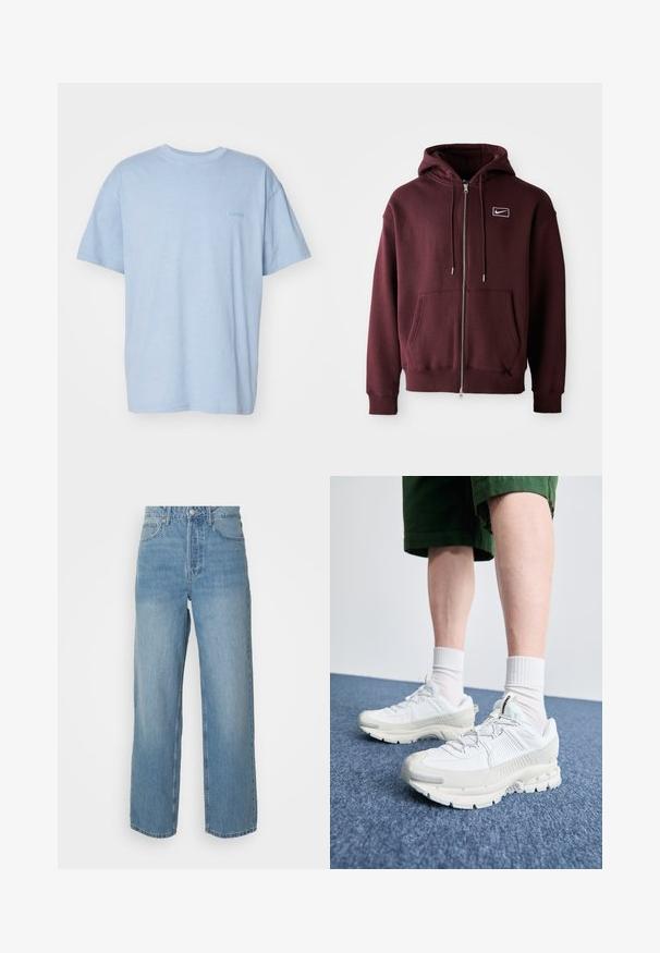 Sudadera con cremallera de color burdeos, hecha de una mezcla de algodón, que cuenta con un bolsillo frontal, capucha con cordón y un pequeño logo blanco en el pecho.; Camiseta de algodón de color azul claro con mangas cortas, cuello redondo y un pequeño logo bordado en el frente. Textura suave, corte relajado.; Jeans de denim azul claro de cintura alta con piernas rectas, cierre frontal con botón y estilo de cinco bolsillos sobre fondo liso.; Zapatillas deportivas blancas con superposiciones texturizadas, una suela gruesa y acentos grises. Llevadas con calcetines blancos hasta la pantorrilla y pantalones cortos verdes sobre una superficie azul.