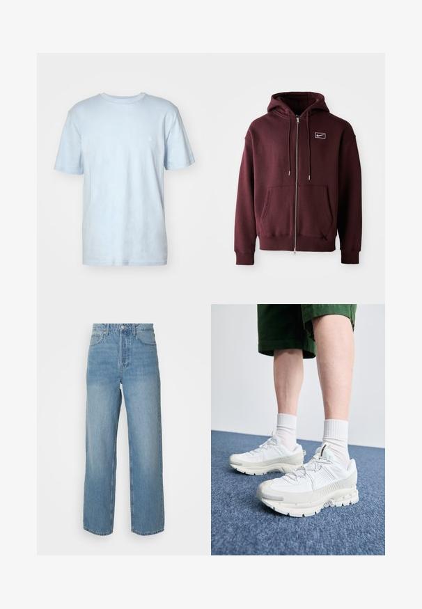Bordo krāsas kapučino džemperis ar rāvējslēdzēju, izgatavots no kokvilnas maisījuma, ar priekšējo kabatu, regulējamu kapuci un mazu balto logotipu uz krūšu daļas.; Gaiši zils kokvilnas T-krekls ar apaļu kakla izgriezumu, īsām piedurknēm un mazu baltu logo izšūtu kreisajā krūtī.; Gai zilas augstās jostas džinsu bikses ar taisnām kājām, priekšējo pogu aizdari un piecu kabatu dizainu uz vienkrāsaina fona.; Baltas sporta apavi ar teksturētām detaļām, masīvu zoli un pelēkiem akcentiem. Valkāti ar baltiem zeķu pēdu apģērbiem un zaļām šortiem uz zilas virsmas.