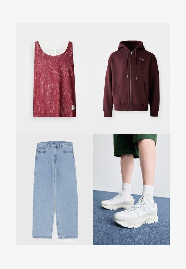 Bordo värvi tõmblukuga kapuutsiga sviiter, mis on valmistatud puuvillase segu materjalist. Tootel on eestasku, nööriga kapuuts ja rinnapeal väike valge logo.; Punane võrkmaterjalist tank top, millel on veidi kulunud ja kulutatud muster. Kraeli ja käeaukude ääres on valge ääris ning allosas väike logo silt.; Heled sinise denimi sirgete põlvede lõikega teksad, millel on keskmise kõrgusega vöökoht, viis taskut ning nööbid ja tõmblukk.; Valged sportsijalatsid tekstuursete pealsete, kopsaka tallaga ja hallide aktsentidega. Kanda valgete lühikeste sokkidega ja roheliste lühikeste pükstega sinisel pinnal.