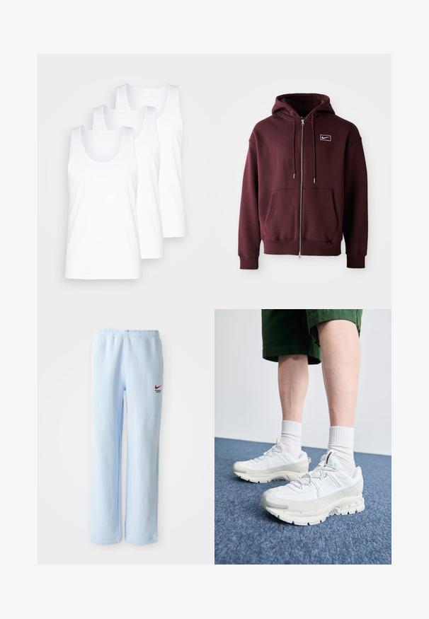 Bordeaux zip-up hoodie lavet af bomuldsblanding, med en frontlomme, snøre hætte og et lille hvidt logo på brystet.; Tre hvide bomulds tanktoppe med rund halsudskæring og brede skulderstropper, præsenteret i et stablet arrangement, glat tekstur, enkelt design.; Lysblå joggebukser med elastisk talje, prydet med et lille rødt Nike-logo og teksten "Athletic Department". Blødt bomuldsstof.; Hvide atletiske sko med teksturerede overlays, en chunky sål og grå accenter. Båret med hvide ankelstrømper og grønne shorts på en blå overflade.